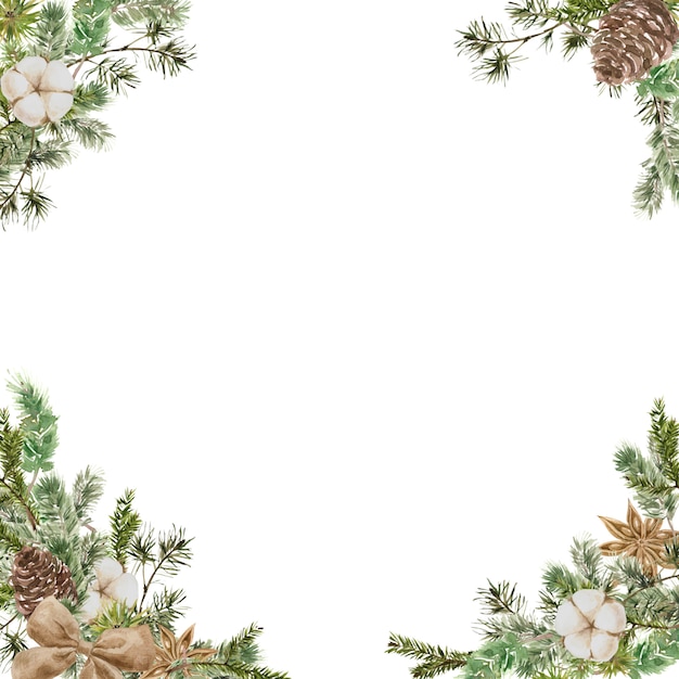 Merry Christmas Square Frame composition with pine and fir branches, cotton, anise flower, bow and cone. Winter  