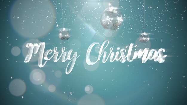 Merry Christmas text, silver balls on shine background. Luxury and elegant dynamic style 3D illustration for winter holiday