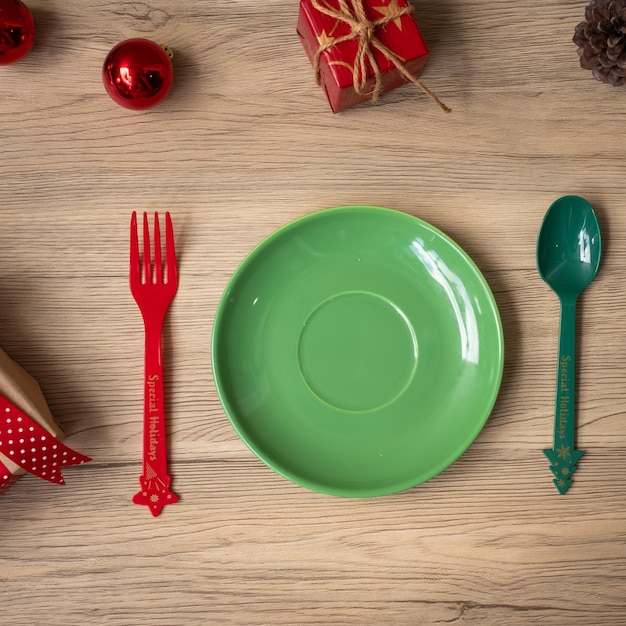 Merry Christmas with plate fork and spoon on wood table background Xmas party and happy New Year concept