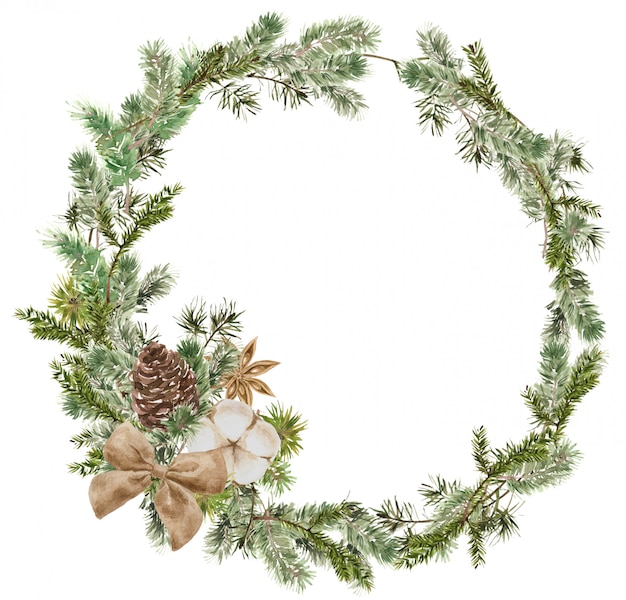 Merry Christmas Wreath composition with pine and fir branches, cotton,  anise flower, bow and cone. Winter round frame 