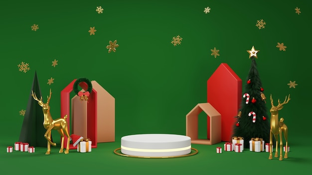 Merry Ð¡hristmas and Happy New Year. Abstract minimal design, geometric Christmas trees, gift box, empty round Realistic stage, podium. Winter holiday background. website header or banner