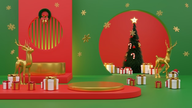 Merry Ð¡hristmas and Happy New Year., gift box, empty round Realistic stage, podium. Winter holiday background. website header or banner