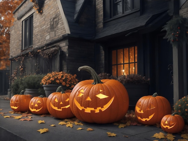 Merry Halloween Many pumpkins on a dark street in anticipation of the holiday