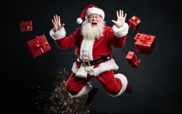 merry and happy santa among gifts christmas concept