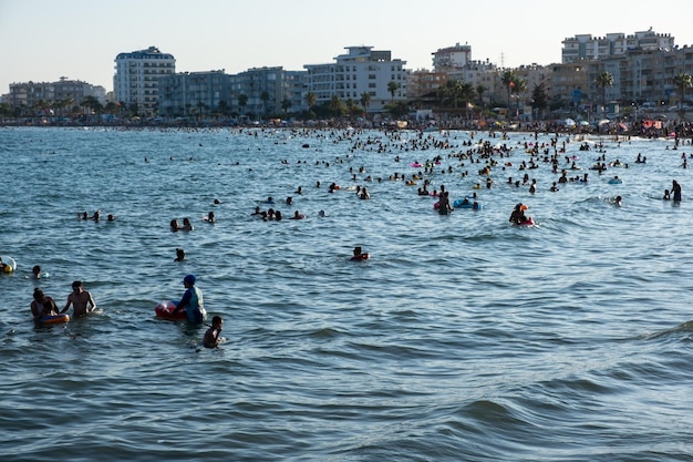 Mersin Turkey August 17 2021 Crowded mediterranean coast during high season