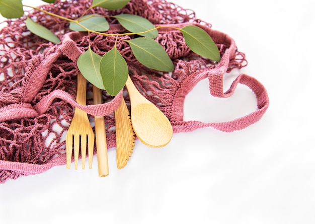 Mesh bag and bamboo cutlery