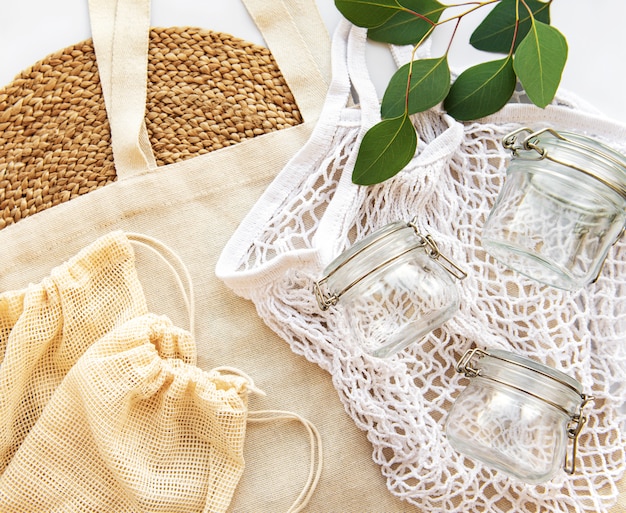 Mesh bag, cotton bags and glass jars