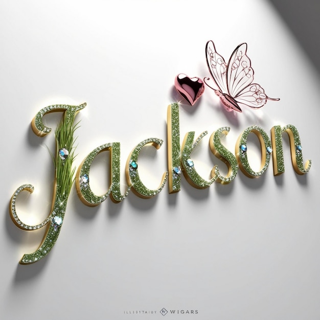 Mesmerizing 3D Jackson Illustration with Elegant Grass Letters Metallic Crystals Heart and Glass But