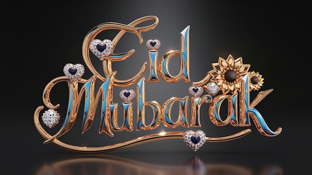 Photo a mesmerizing 3d render displaying the festive greeting eidmubarak in a striking shiny gold and blue