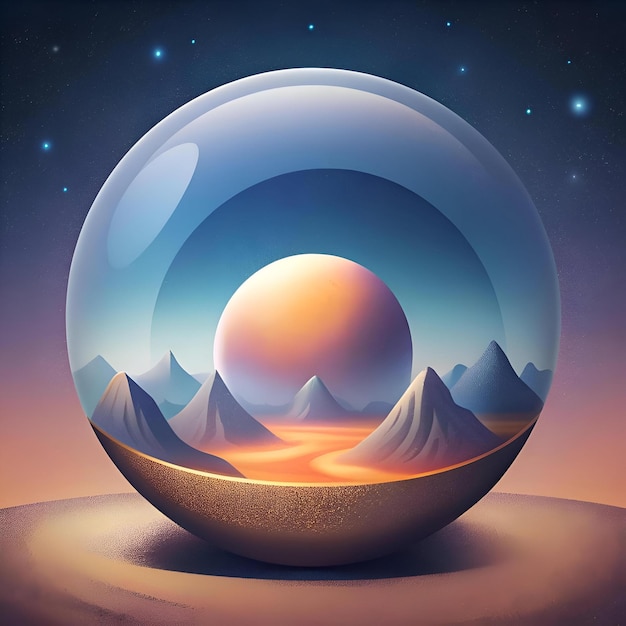 A mesmerizing abstract illustration of a glass sphere containing a miniature mountain range and a glowing orb set against a starry night sky