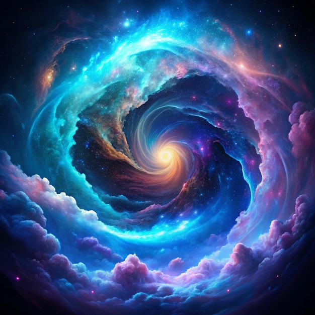 A mesmerizing abstract representation of a cosmic energy cloud with vibrant blue and purple hues swirling against a deep black backdrop