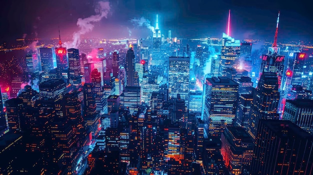 A mesmerizing aerial view of a vibrant city skyline at night illuminated by colorful lights and bust