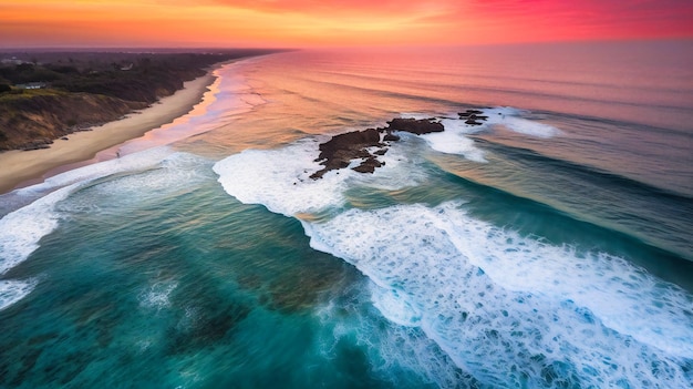 A mesmerizing aerial view of waves dancing along the sunkissed shoreline during a magical sunset