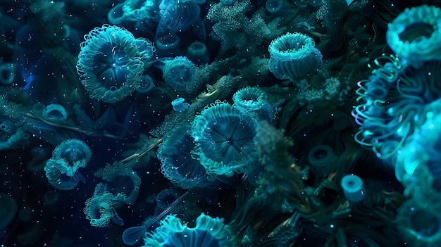 Mesmerizing Bioluminescent Algae Colony Glowing in the Otherworldly Abyss of the Deep Sea Captivatin