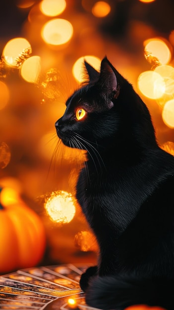 Photo a mesmerizing black cat sits gracefully amid glowing autumn lights and pumpkins radiating a mysterious allure