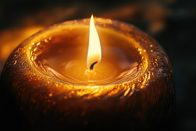 A mesmerizing candle flame flickers gently illuminating the surroundings with warm golden hues that evoke peace and serenity