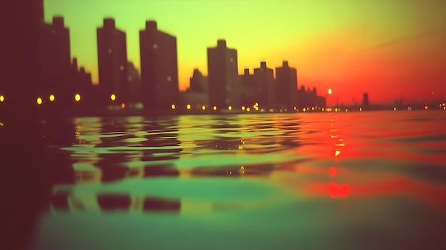 Photo mesmerizing cityscape reflected in tranquil waters at dusk with vibrant sunset hues