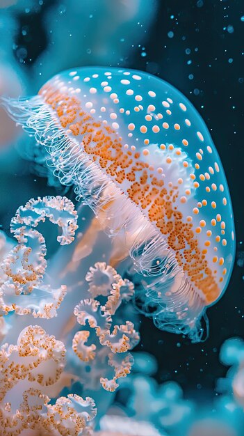 Photo a mesmerizing close up of jellyfish showcasing its delicate tentacles and stinging cells