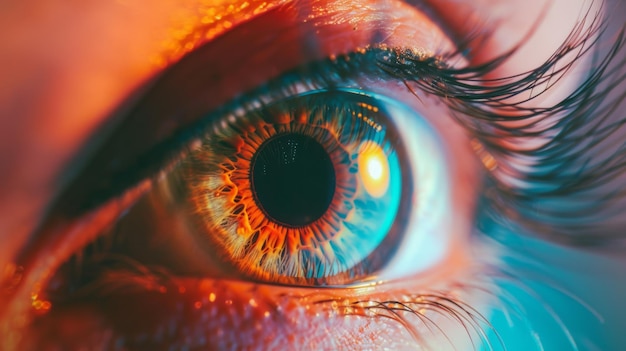 Photo a mesmerizing closeup of an eye with striking vibrant colors reflecting light highlighting the intricate details of the iris and eyelashes