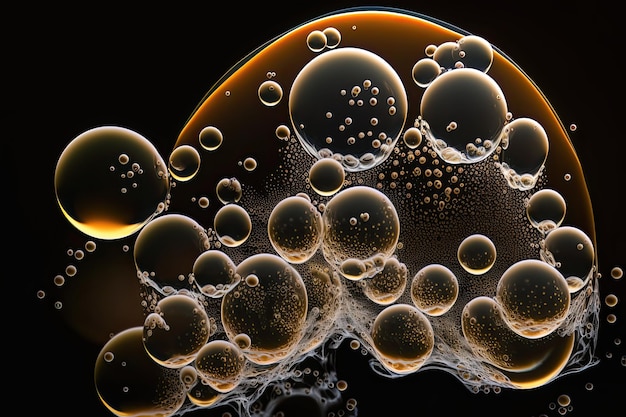 A mesmerizing closeup macro photograph of soap bubbles in various colors against a black background Generated by AI