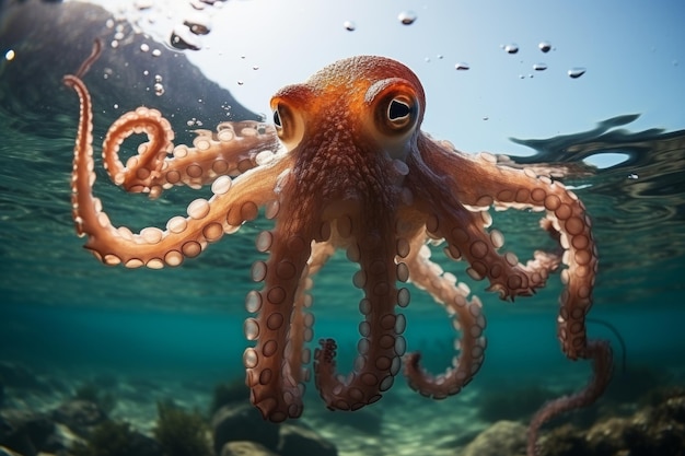 Mesmerizing closeup shot of octopus in clear blue sea with sunlight shining from above