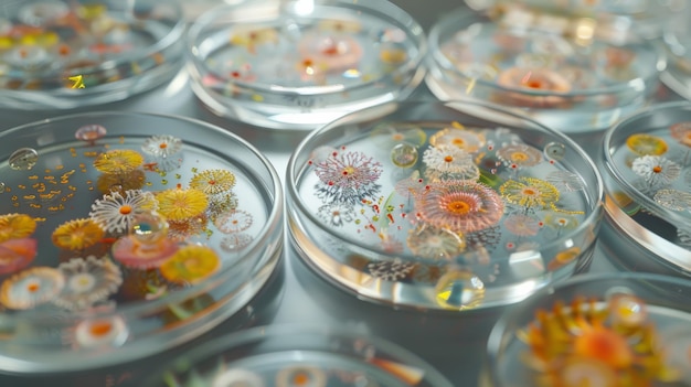 A mesmerizing collection of vibrant microorganisms displayed on petri dishes