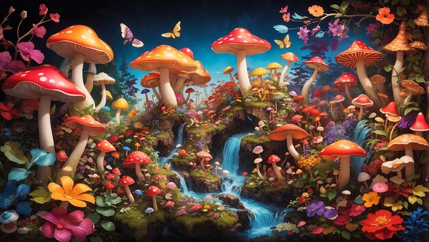 A mesmerizing and colorful mushroom forest with vibrant flowers design wallpaper generated by AI