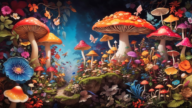 A mesmerizing and colorful mushroom forest with vibrant flowers design wallpaper generated by AI