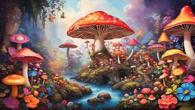 A mesmerizing and colorful mushroom forest with vibrant flowers design wallpaper generated by AI