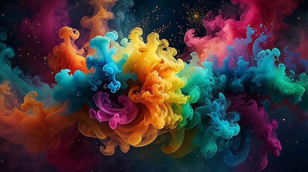 A mesmerizing composition of swirling colorful smoke adorned with sparkling glitter particles