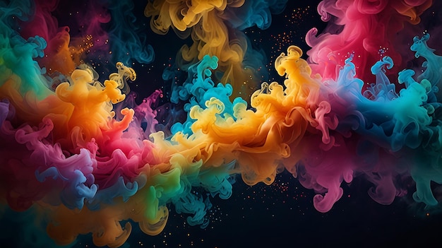 A mesmerizing composition of swirling colorful smoke adorned with sparkling glitter particles