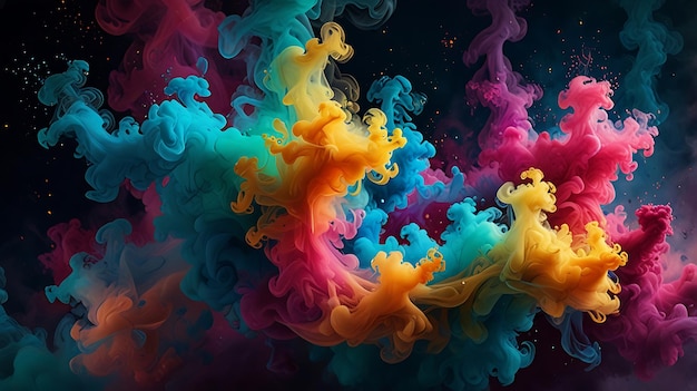 A mesmerizing composition of swirling colorful smoke adorned with sparkling glitter particles