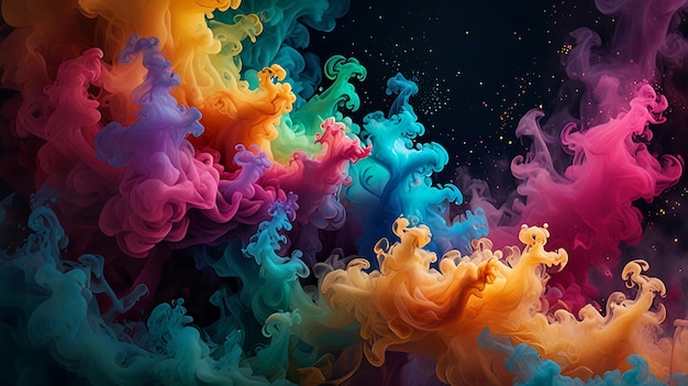 A mesmerizing composition of swirling colorful smoke adorned with sparkling glitter particles