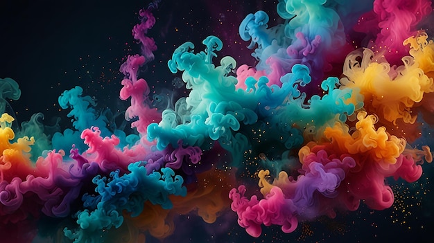 Photo a mesmerizing composition of swirling colorful smoke adorned with sparkling glitter particles