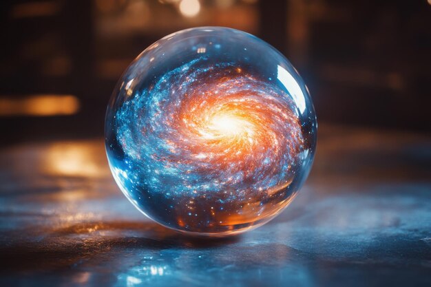 Photo a mesmerizing crystal orb showcases a swirling galaxy in vibrant colors against a dark background