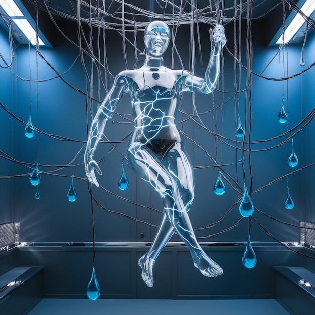 Photo in a mesmerizing depiction of futuristic synergy a glass humanoid figure