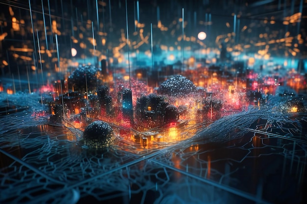 A mesmerizing digital realm filled with floating particles encapsulating the complexity of data network connections