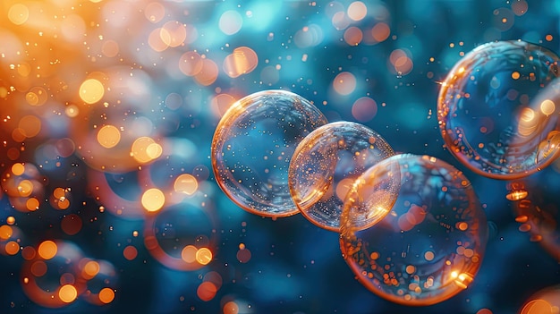 A mesmerizing display of floating bubbles with golden highlights against a blue background creating