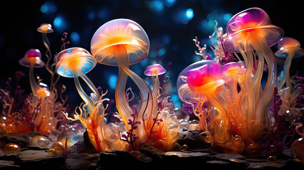 A mesmerizing display of UVreactive mushrooms