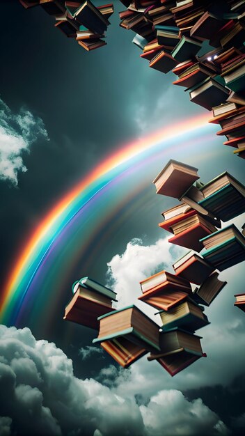 Photo mesmerizing display of vibrant color books in flight creating a breathtaking rainbow in the sky