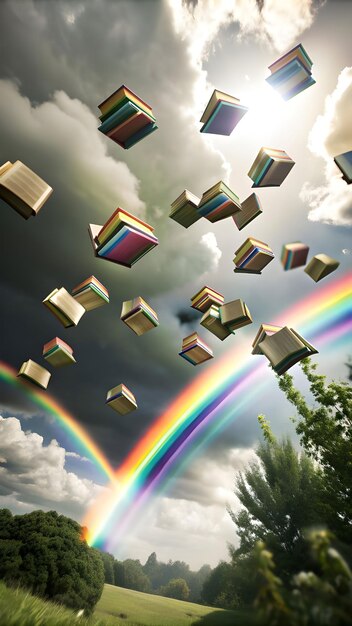 Photo mesmerizing display of vibrant color books in flight creating a breathtaking rainbow in the sky