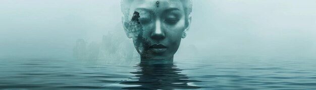 Mesmerizing double exposure of a divine goddess and a calmserene seasymbolizing the unity of faith and tranquility This etherealspiritual image evokes a sense of contemplationinner peace