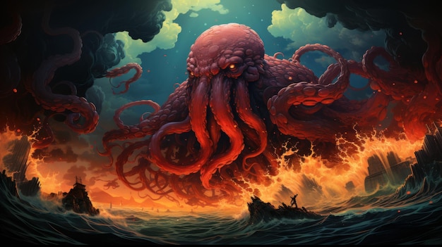 Mesmerizing encounter Cthulhu rises from stormy waves Created with Generative AI