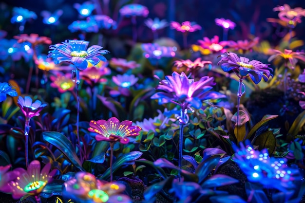 Photo a mesmerizing field of multicolored neon flowers glowing vibrantly in the dark creating an ethereal and magical night garden scene