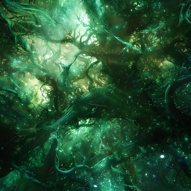 Mesmerizing Fractal Branching Structures in Shimmering Emerald Plasma with Enchanted Bioluminescence