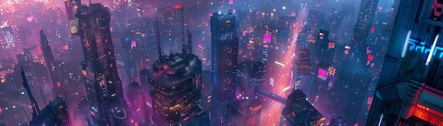 A mesmerizing futuristic cityscape illuminated with vibrant neon lights showcasing towering skyscrapers and a bustling urban atmosphere at night