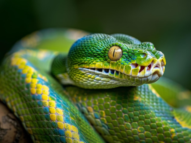 The mesmerizing gaze of a green tree python its scales a tapestry of vibrant greens and yellows