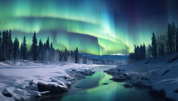 Mesmerizing glow of the northern lights over a snowcovered forest and river