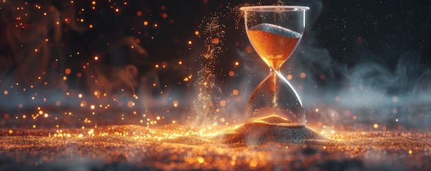 Photo mesmerizing hourglass with flowing sand and sparkling particles in a mystical atmosphere