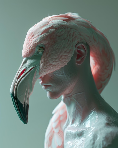 Mesmerizing Hybrid Creature A Captivating Portrait of a Graceful Flamingo Human Visage Illuminated